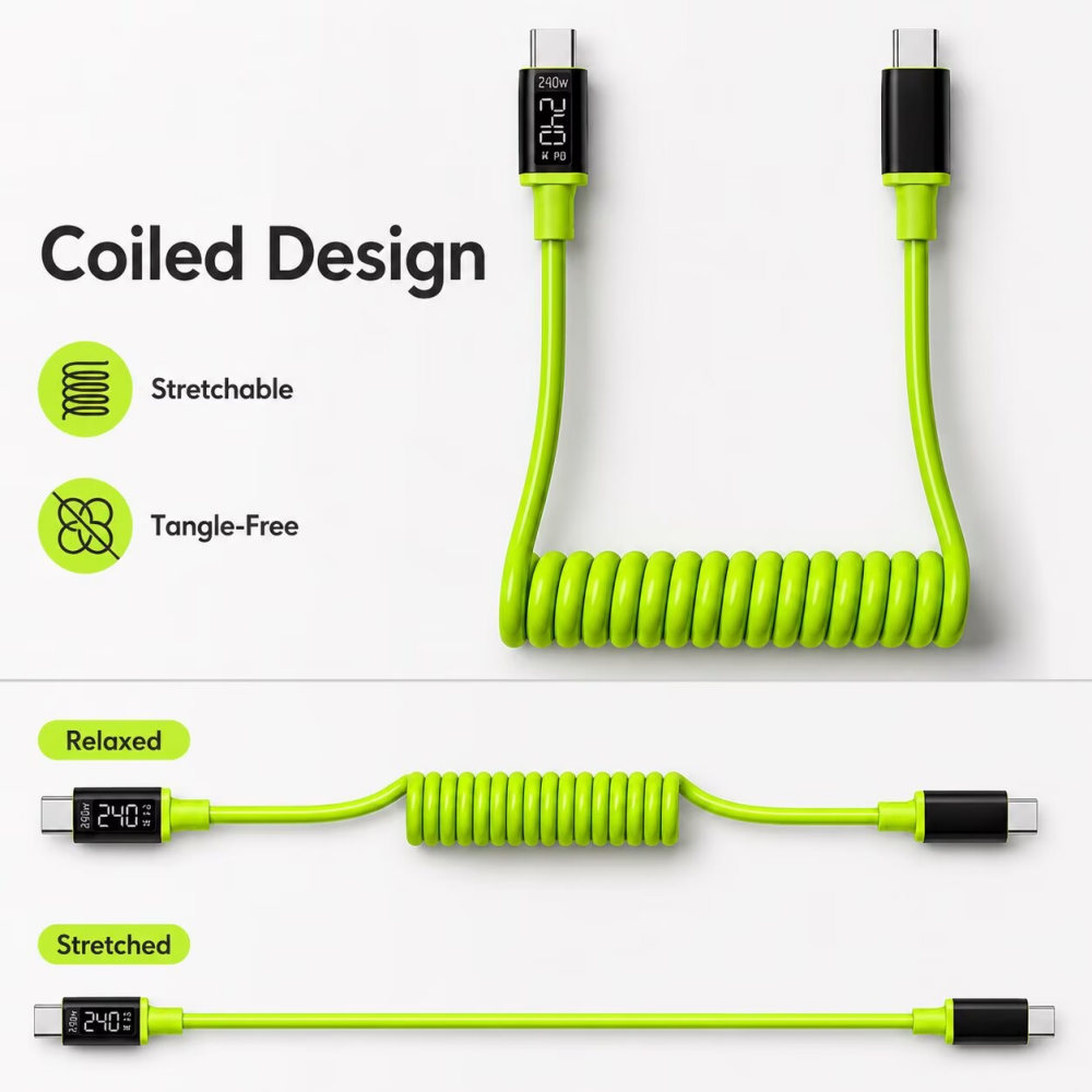 كابل شحن ملفوف بقوة 240 واط من - مراجعة Coiled Usb Cable وسعره